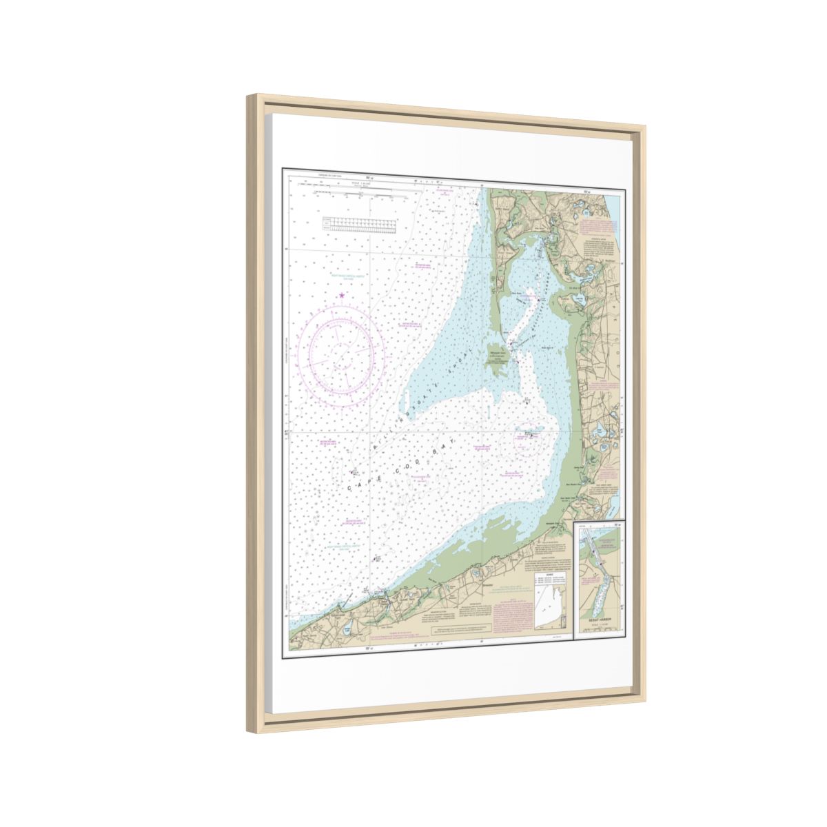 Chart 13250 Wellfleet Harbor; Sesuit Harbor - NOAA Nautical Chart Floating Frame Canvas | 24" x 32" | 30" x 40" - Natural side