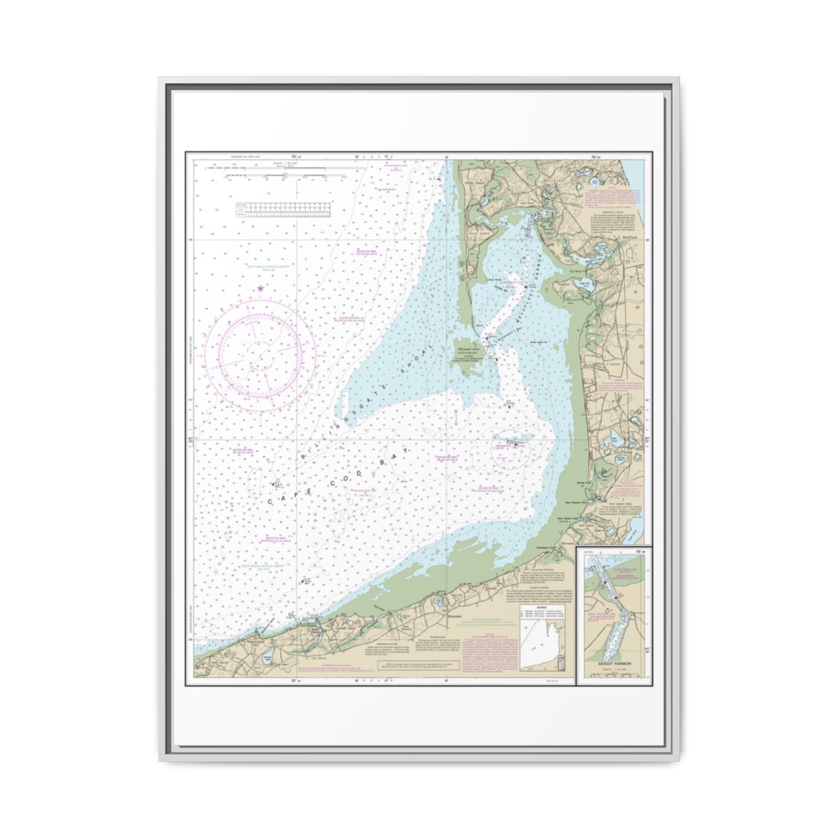 Chart 13250 Wellfleet Harbor; Sesuit Harbor - NOAA Nautical Chart Floating Frame Canvas | 24" x 32" | 30" x 40" - White front