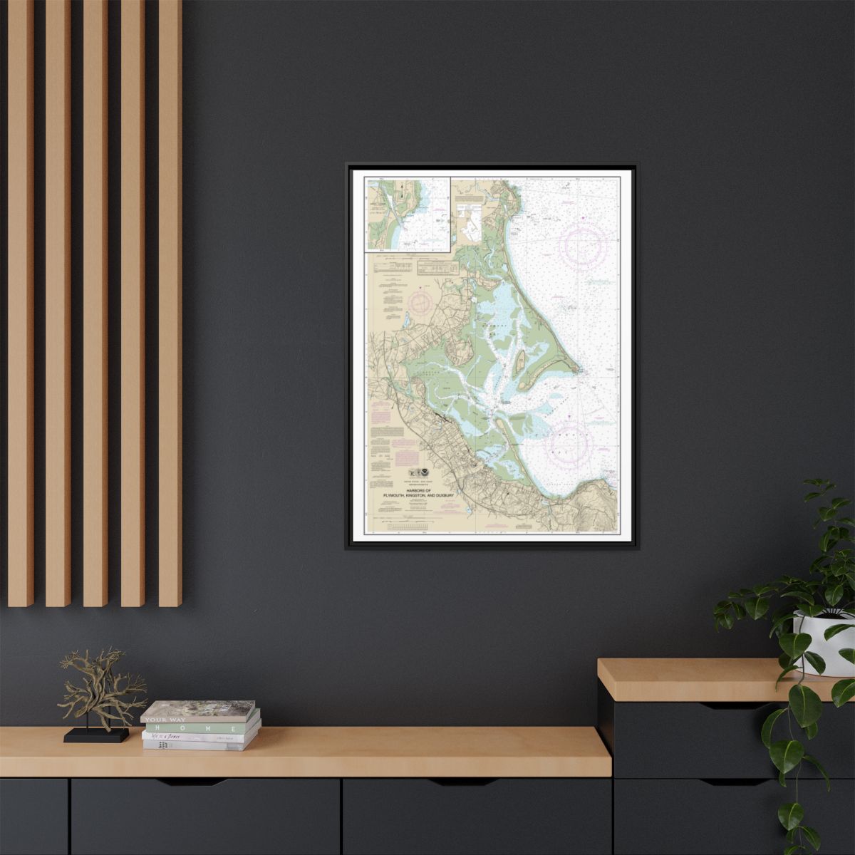 Chart 13253 Harbors of Plymouth, Kingston and Duxbury; Green Harbor - NOAA Nautical Chart Floating Frame Canvas | 24" x 32" | 30" x 40" - Black context-2