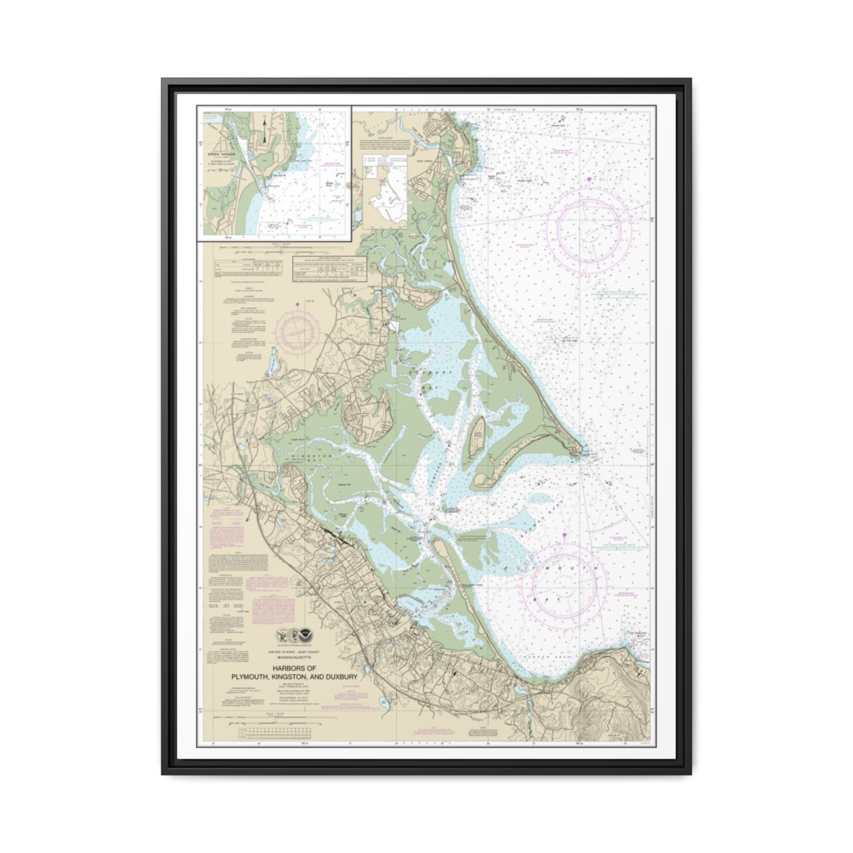 Chart 13253 Harbors of Plymouth, Kingston and Duxbury; Green Harbor - NOAA Nautical Chart Floating Frame Canvas | 24" x 32" | 30" x 40" - Black front