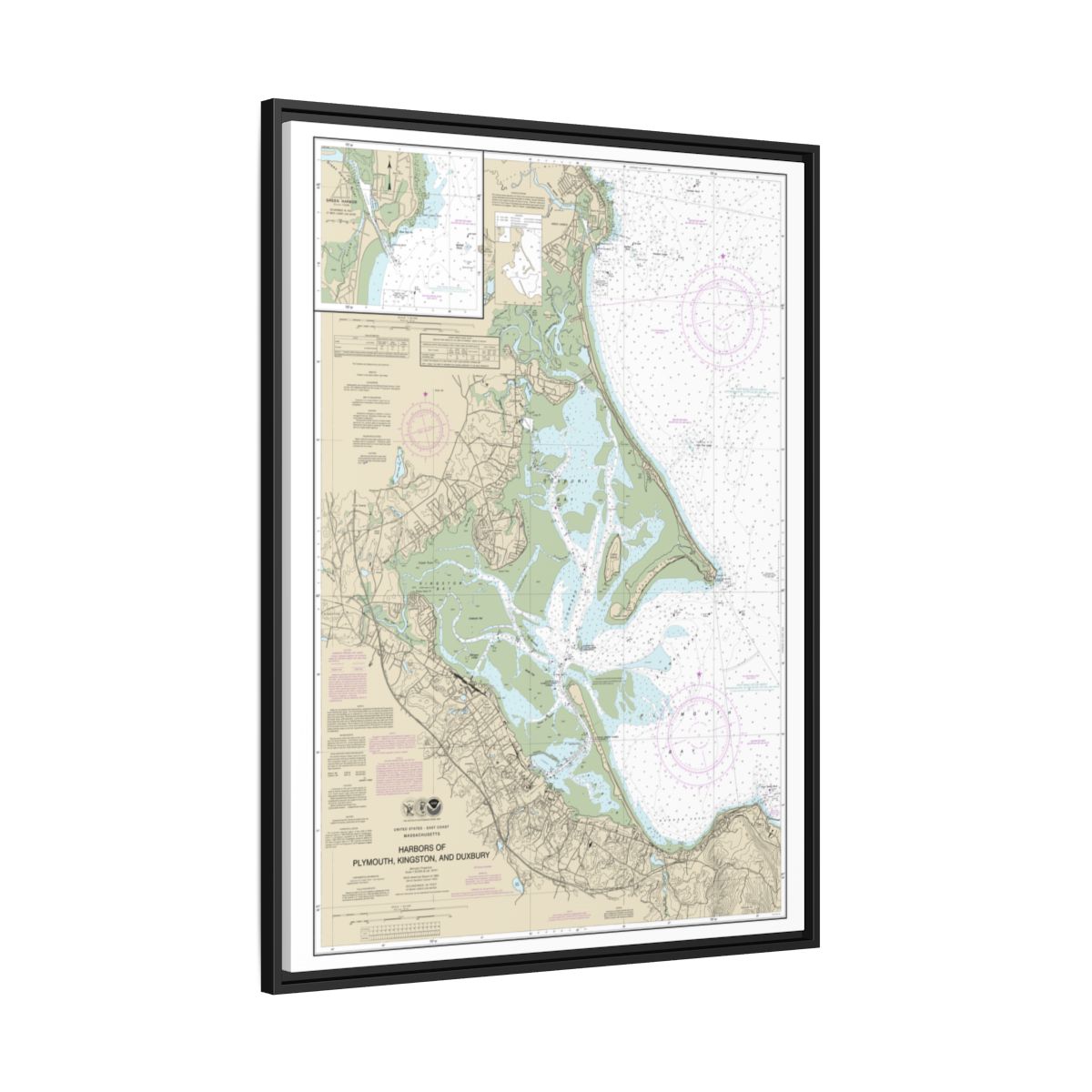 Chart 13253 Harbors of Plymouth, Kingston and Duxbury; Green Harbor - NOAA Nautical Chart Floating Frame Canvas | 24" x 32" | 30" x 40" - Black side