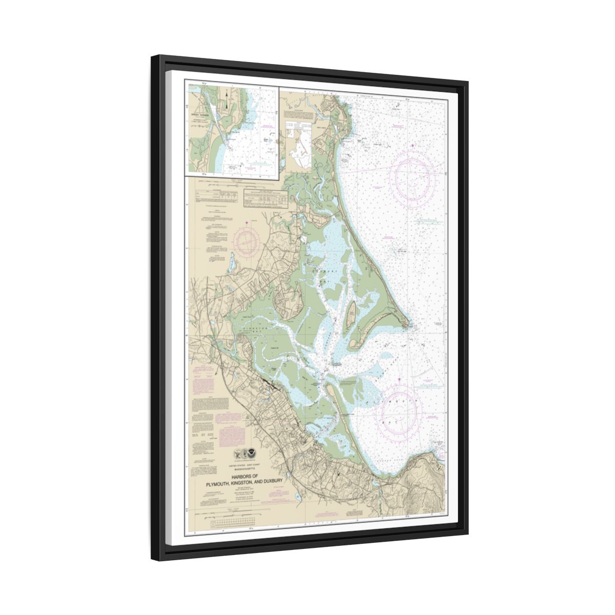 Chart 13253 Harbors of Plymouth, Kingston and Duxbury; Green Harbor - NOAA Nautical Chart Floating Frame Canvas | 24" x 32" | 30" x 40" - Black side