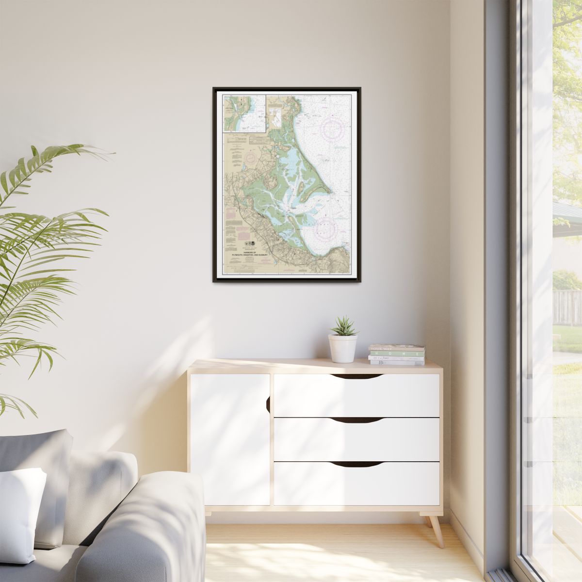 Chart 13253 Harbors of Plymouth, Kingston and Duxbury; Green Harbor - NOAA Nautical Chart Floating Frame Canvas | 24" x 32" | 30" x 40" - Espresso context-1