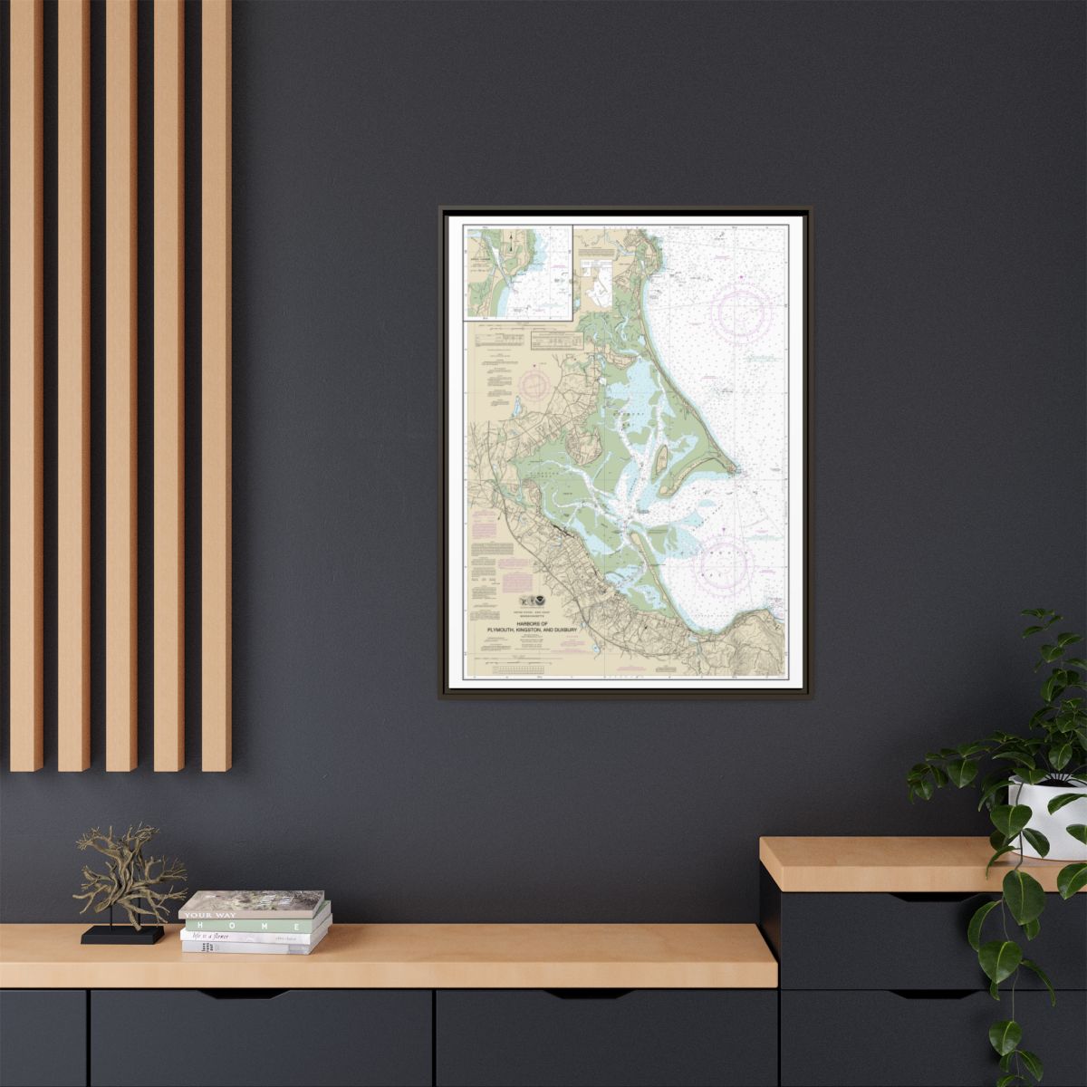 Chart 13253 Harbors of Plymouth, Kingston and Duxbury; Green Harbor - NOAA Nautical Chart Floating Frame Canvas | 24" x 32" | 30" x 40" - Espresso context-2