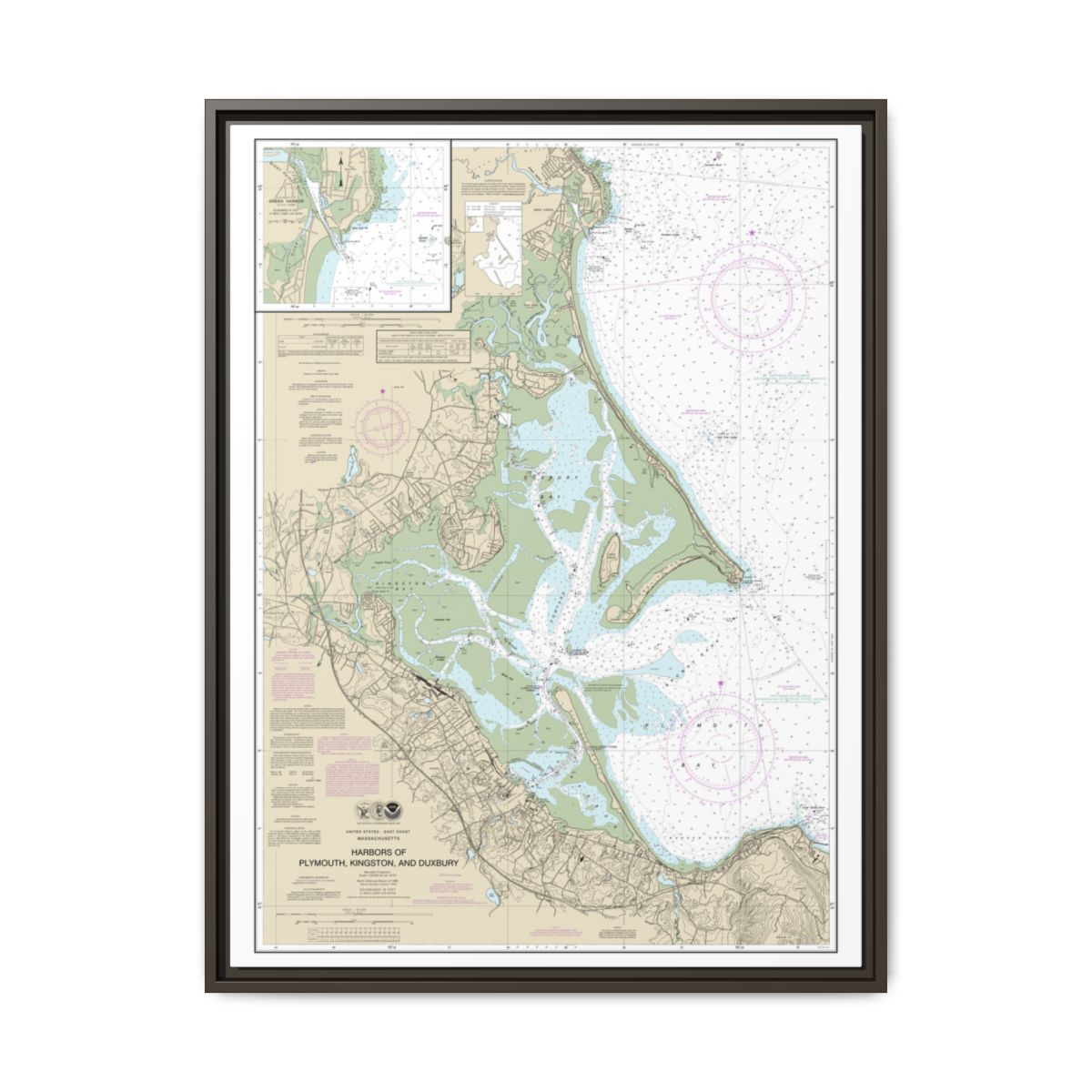 Chart 13253 Harbors of Plymouth, Kingston and Duxbury; Green Harbor - NOAA Nautical Chart Floating Frame Canvas | 24" x 32" | 30" x 40" - Espresso front