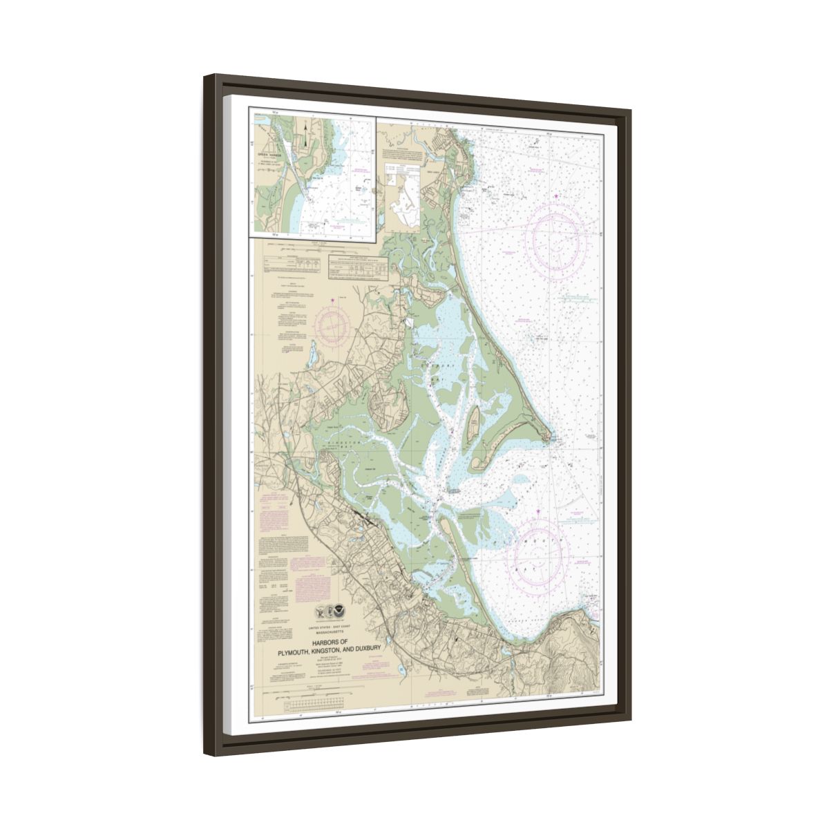 Chart 13253 Harbors of Plymouth, Kingston and Duxbury; Green Harbor - NOAA Nautical Chart Floating Frame Canvas | 24" x 32" | 30" x 40" - Espresso side