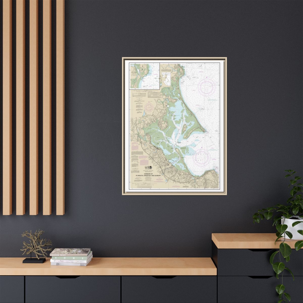 Chart 13253 Harbors of Plymouth, Kingston and Duxbury; Green Harbor - NOAA Nautical Chart Floating Frame Canvas | 24" x 32" | 30" x 40" - Natural context-2