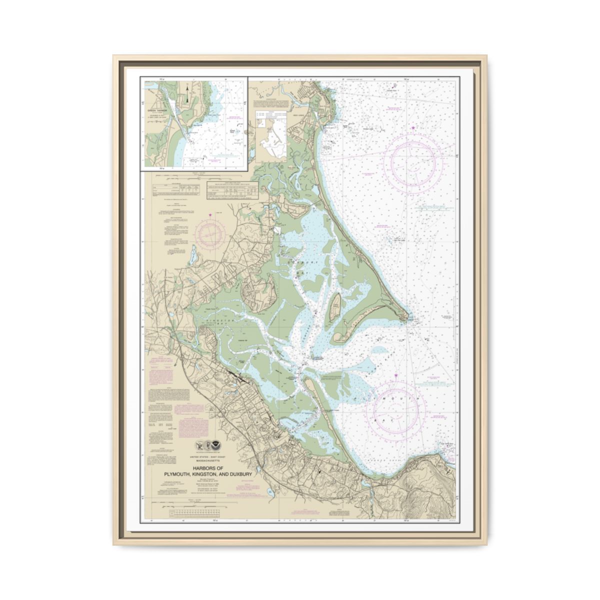 Chart 13253 Harbors of Plymouth, Kingston and Duxbury; Green Harbor - NOAA Nautical Chart Floating Frame Canvas | 24" x 32" | 30" x 40" - Natural front