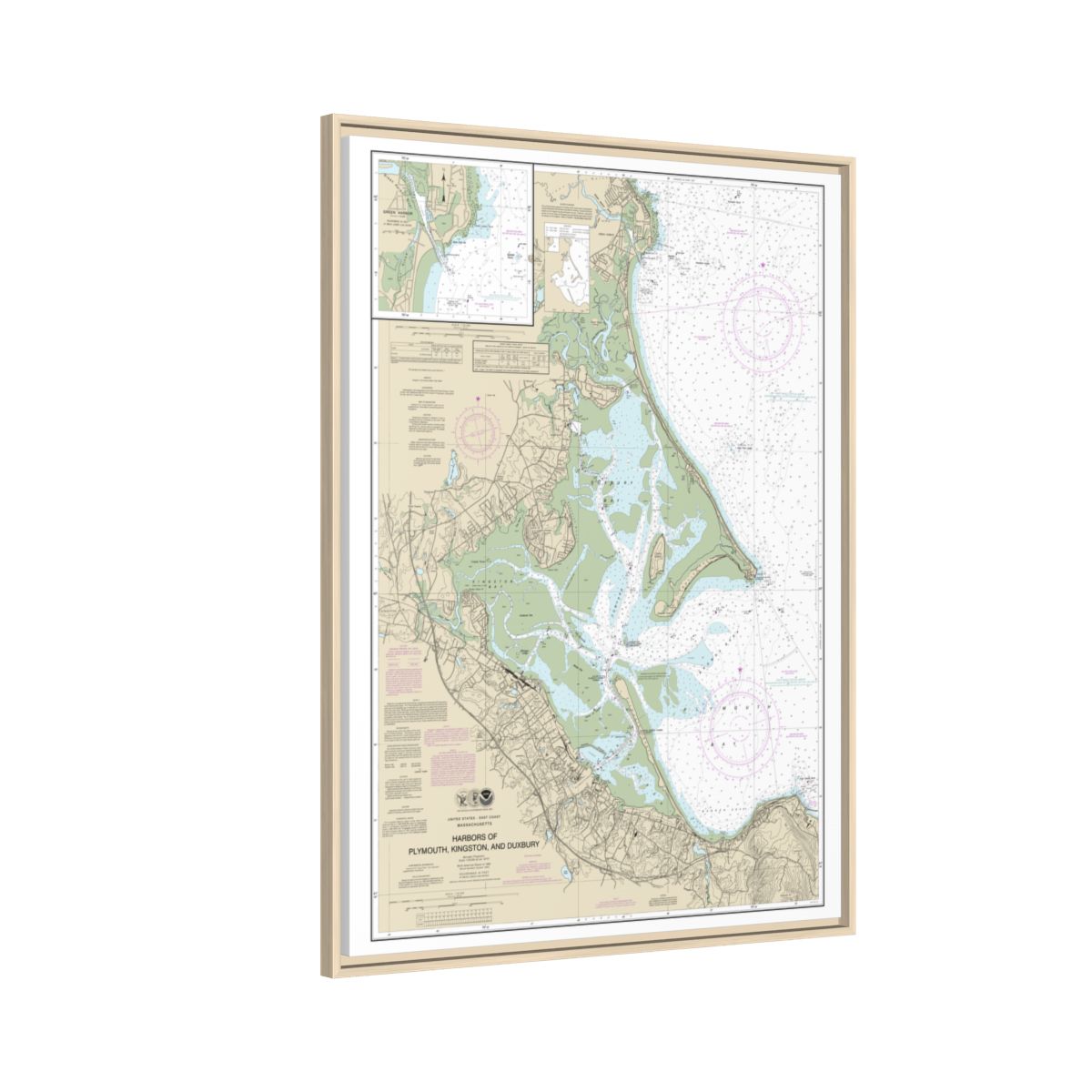Chart 13253 Harbors of Plymouth, Kingston and Duxbury; Green Harbor - NOAA Nautical Chart Floating Frame Canvas | 24" x 32" | 30" x 40" - Natural side