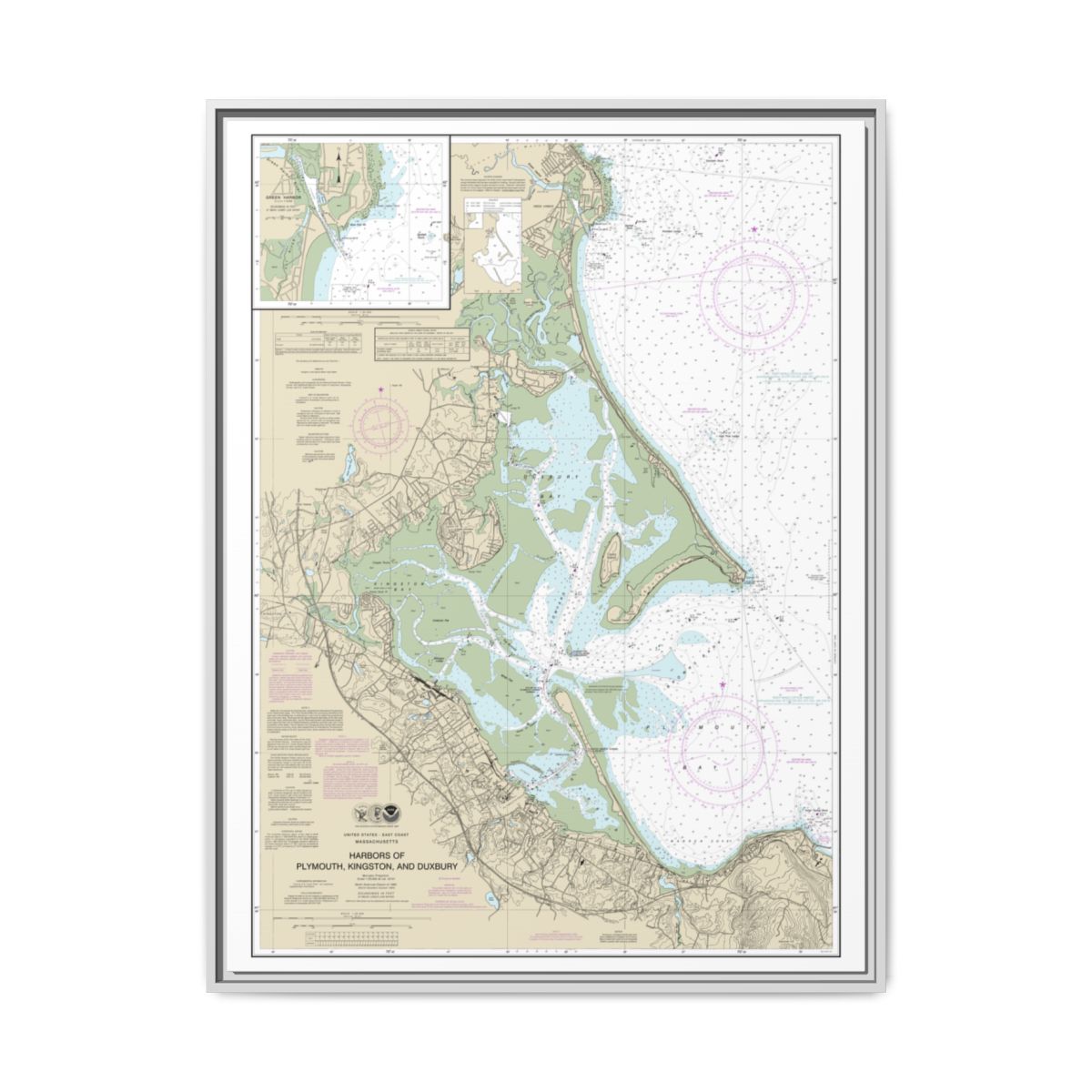 Chart 13253 Harbors of Plymouth, Kingston and Duxbury; Green Harbor - NOAA Nautical Chart Floating Frame Canvas | 24" x 32" | 30" x 40" - White front