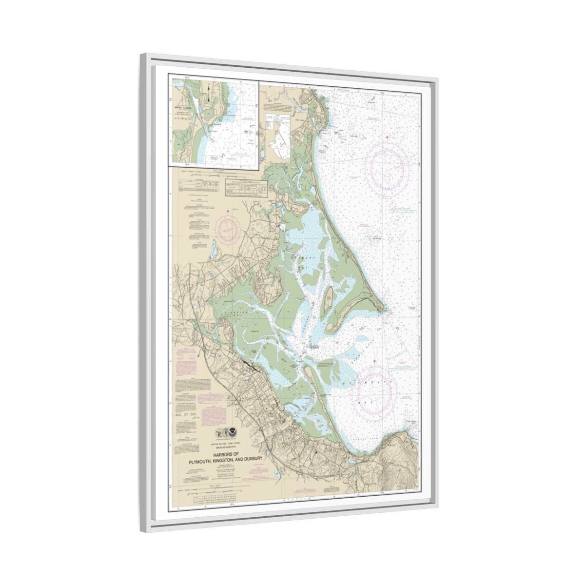 Chart 13253 Harbors of Plymouth, Kingston and Duxbury; Green Harbor - NOAA Nautical Chart Floating Frame Canvas | 24" x 32" | 30" x 40" - White side