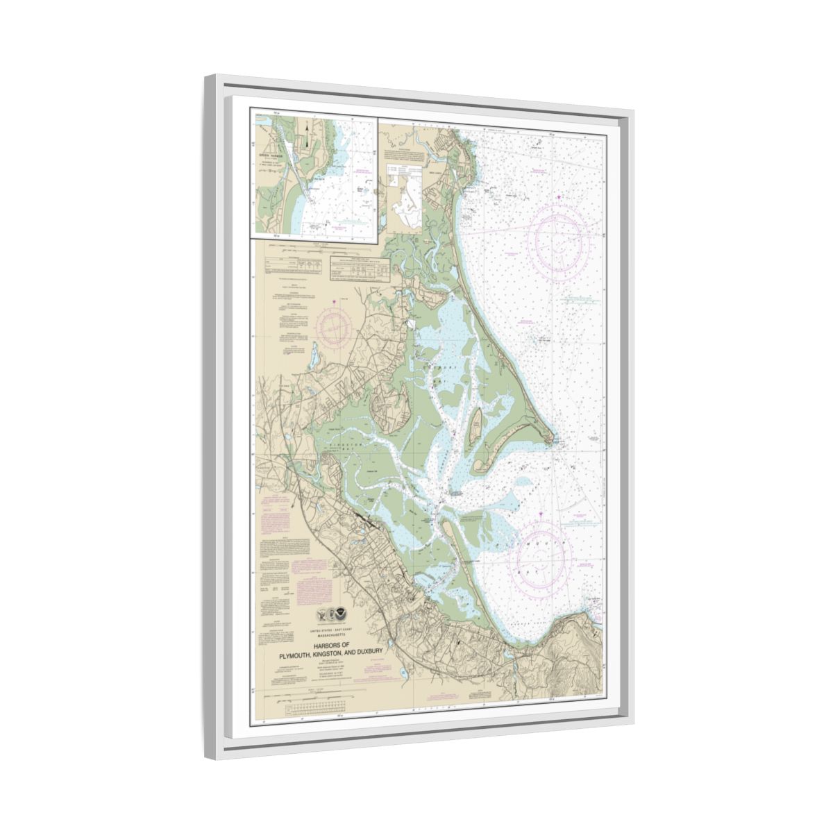 Chart 13253 Harbors of Plymouth, Kingston and Duxbury; Green Harbor - NOAA Nautical Chart Floating Frame Canvas | 24" x 32" | 30" x 40" - White side