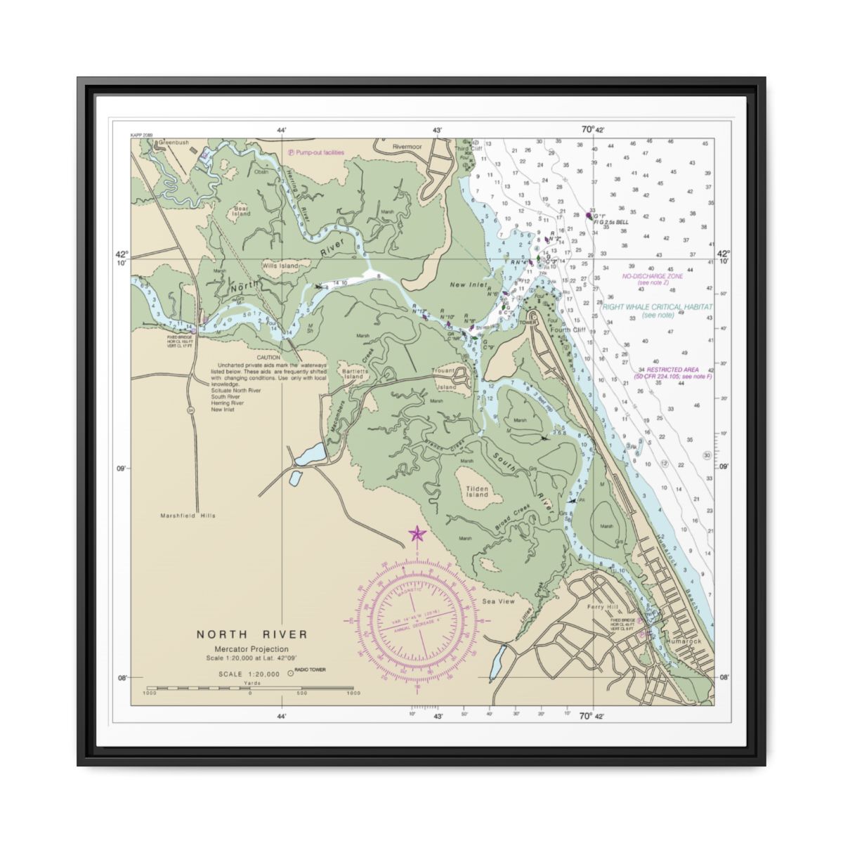 Chart 13267 Massachusetts Bay; North River - NOAA Nautical Chart Floating Frame Canvas | 32" x 32" - Black front