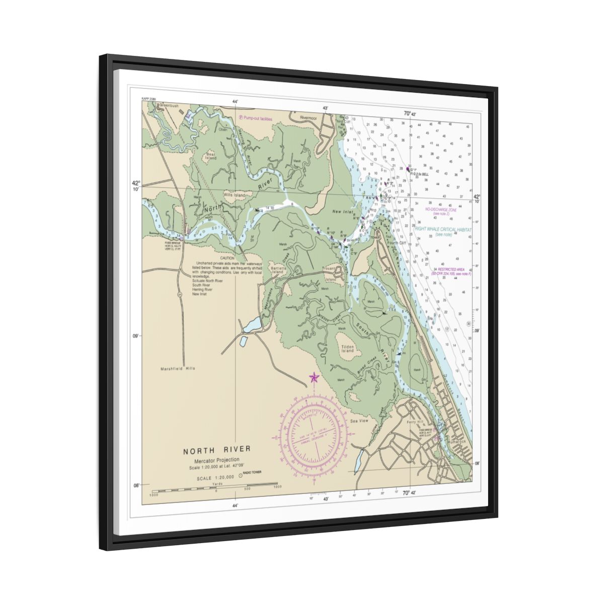 Chart 13267 Massachusetts Bay; North River - NOAA Nautical Chart Floating Frame Canvas | 32" x 32" - Black side