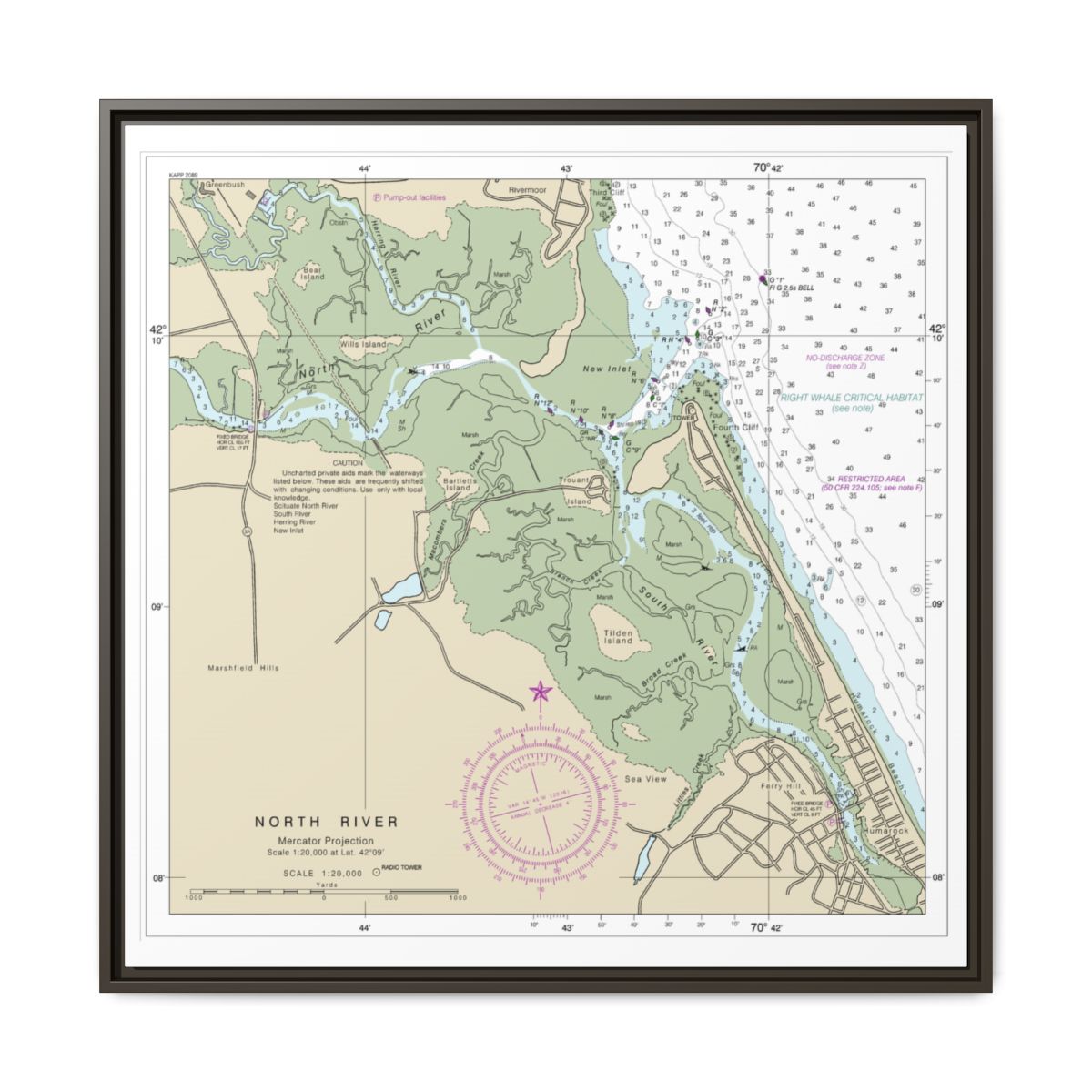 Chart 13267 Massachusetts Bay; North River - NOAA Nautical Chart Floating Frame Canvas | 32" x 32" - Espresso front