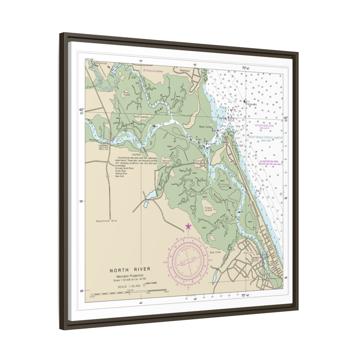 Chart 13267 Massachusetts Bay; North River - NOAA Nautical Chart Floating Frame Canvas | 32" x 32" - Espresso side