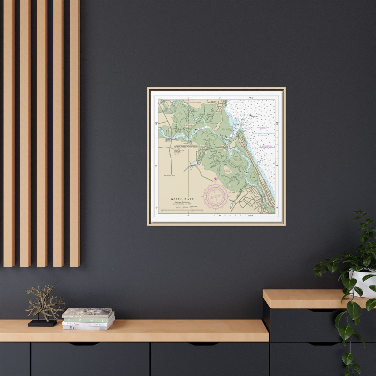 Chart 13267 Massachusetts Bay; North River - NOAA Nautical Chart Floating Frame Canvas | 32" x 32" - Natural context-2