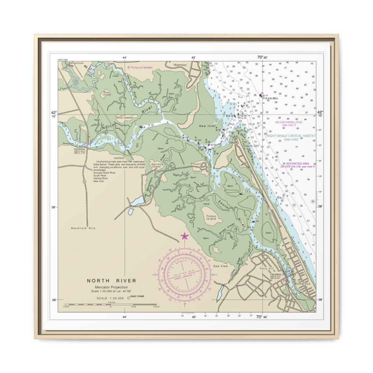 Chart 13267 Massachusetts Bay; North River - NOAA Nautical Chart Floating Frame Canvas | 32" x 32" - Natural front