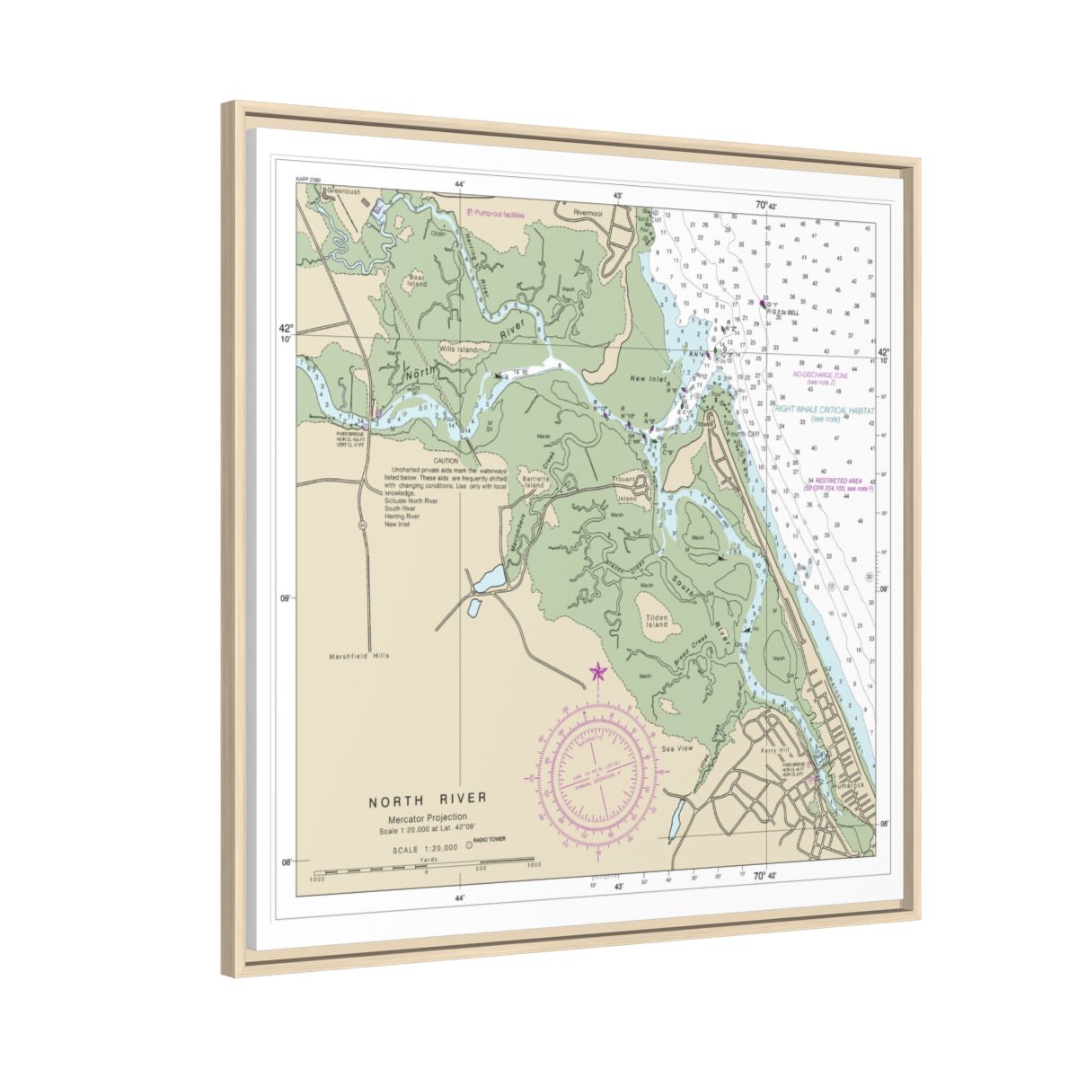 Chart 13267 Massachusetts Bay; North River - NOAA Nautical Chart Floating Frame Canvas | 32" x 32" - Natural side