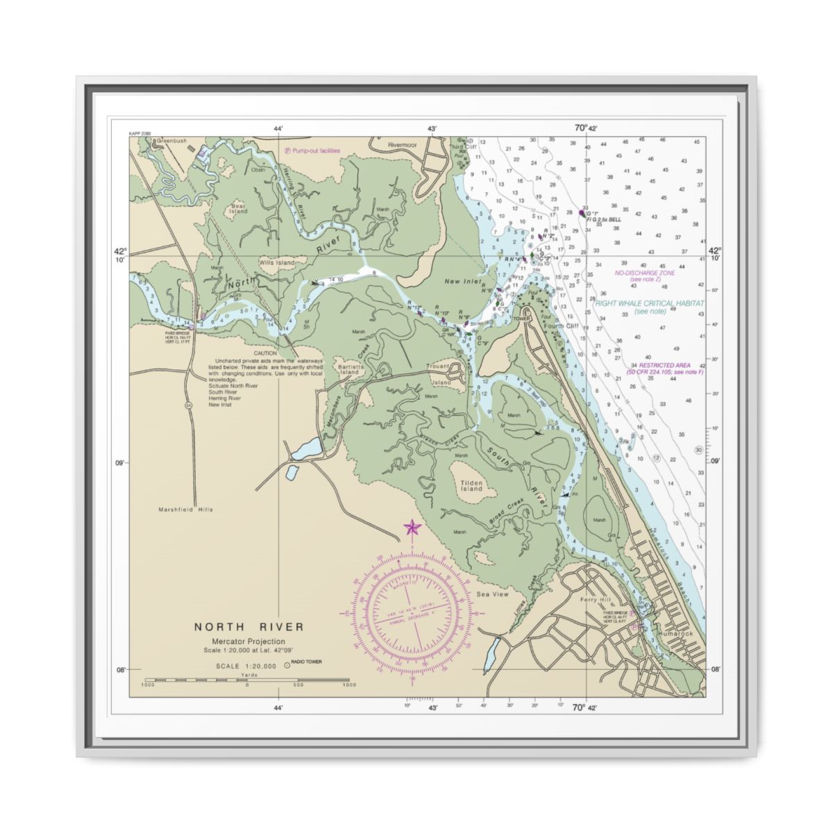 Chart 13267 Massachusetts Bay; North River - NOAA Nautical Chart Floating Frame Canvas | 32" x 32" - White front