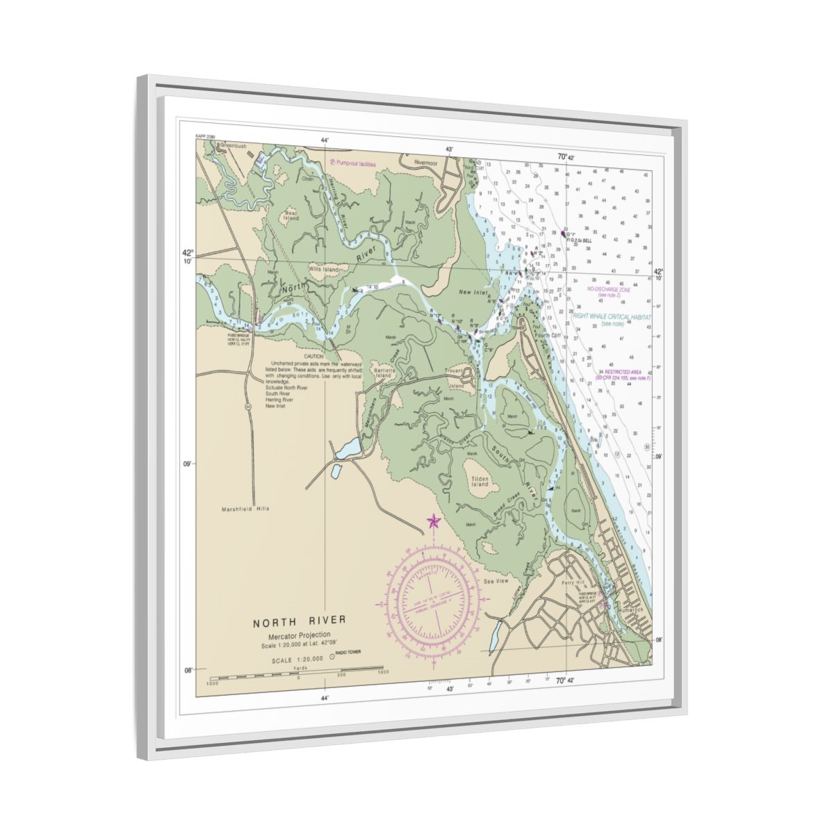 Chart 13267 Massachusetts Bay; North River - NOAA Nautical Chart Floating Frame Canvas | 32" x 32" - White side