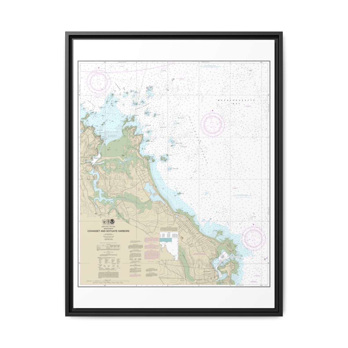 Chart 13269 Cohasset and Scituate Harbors - NOAA Nautical Chart Floating Frame Canvas | 24" x 32" | 30" x 40" - Black front