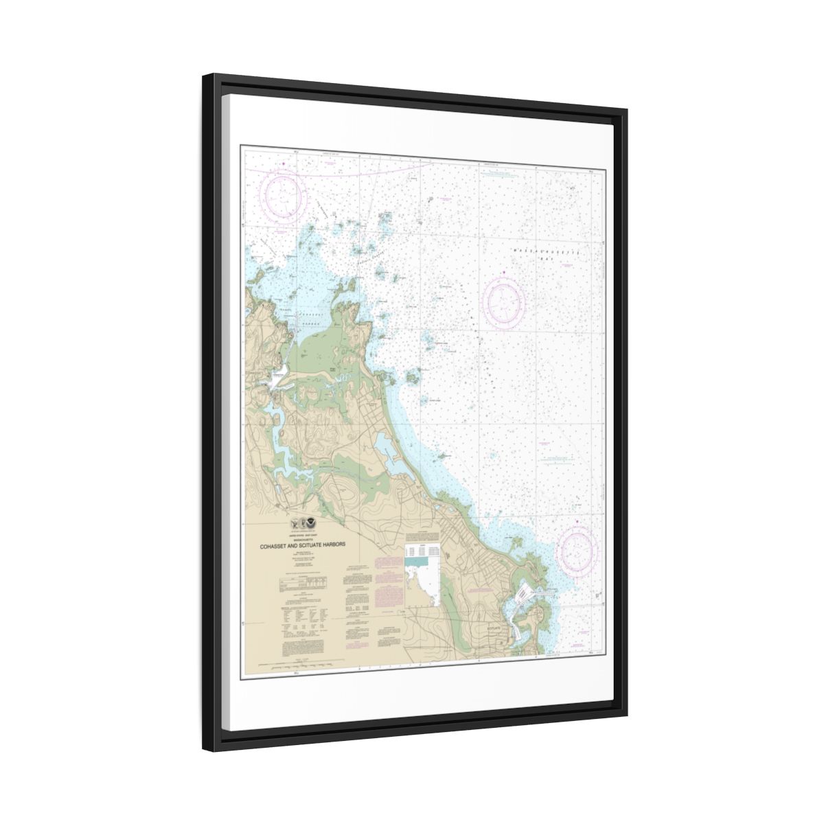 Chart 13269 Cohasset and Scituate Harbors - NOAA Nautical Chart Floating Frame Canvas | 24" x 32" | 30" x 40" - Black side