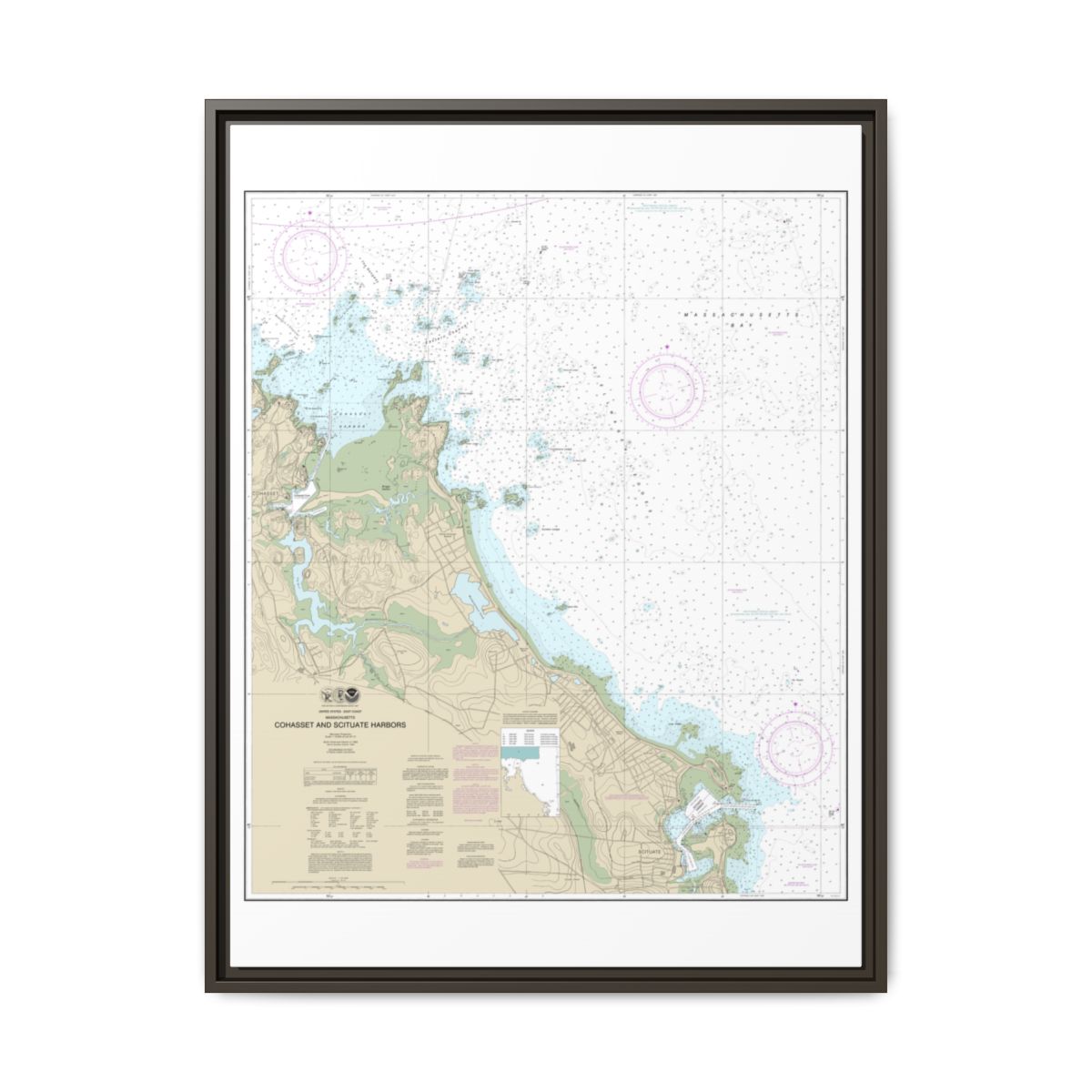 Chart 13269 Cohasset and Scituate Harbors - NOAA Nautical Chart Floating Frame Canvas | 24" x 32" | 30" x 40" - Espresso front
