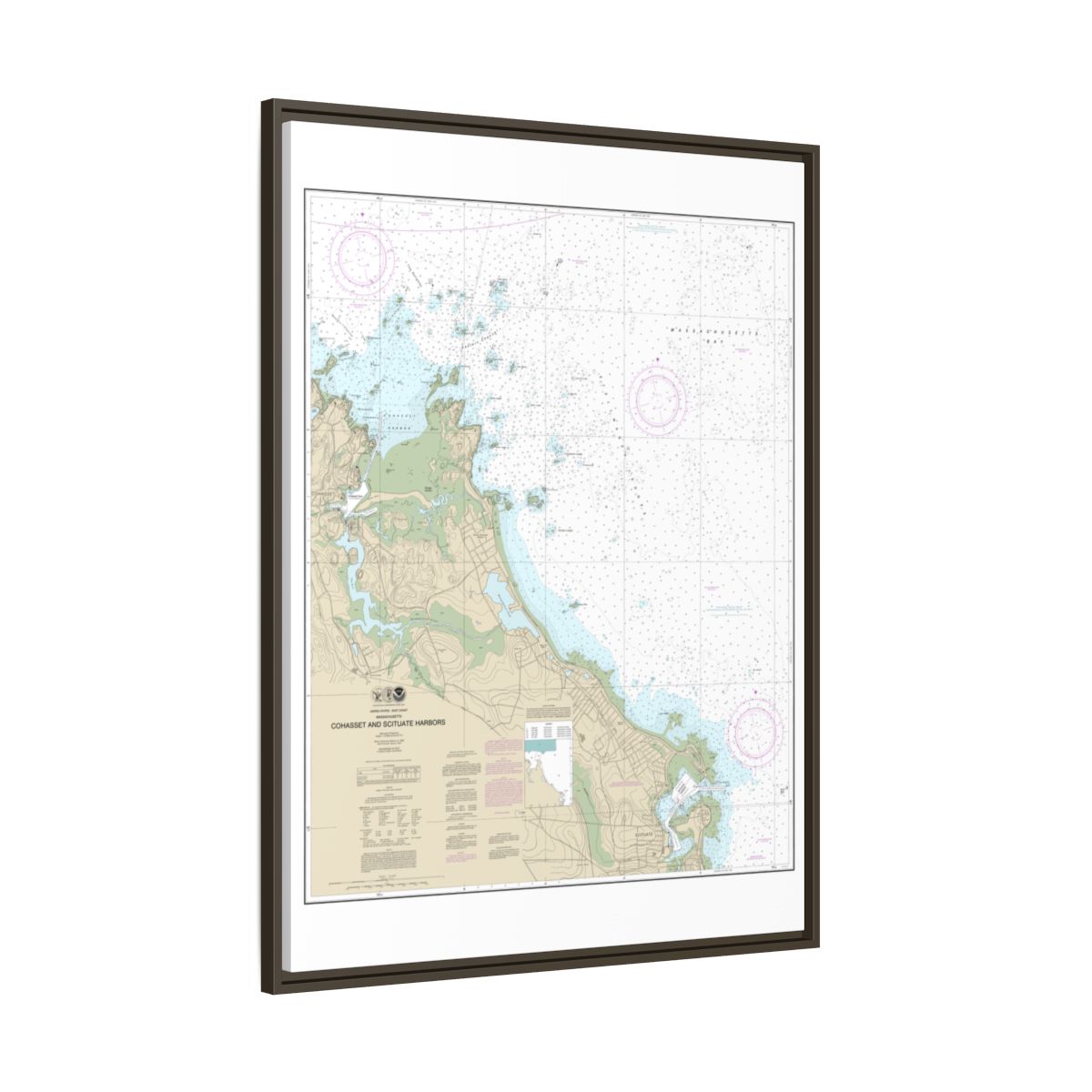 Chart 13269 Cohasset and Scituate Harbors - NOAA Nautical Chart Floating Frame Canvas | 24" x 32" | 30" x 40" - Espresso side