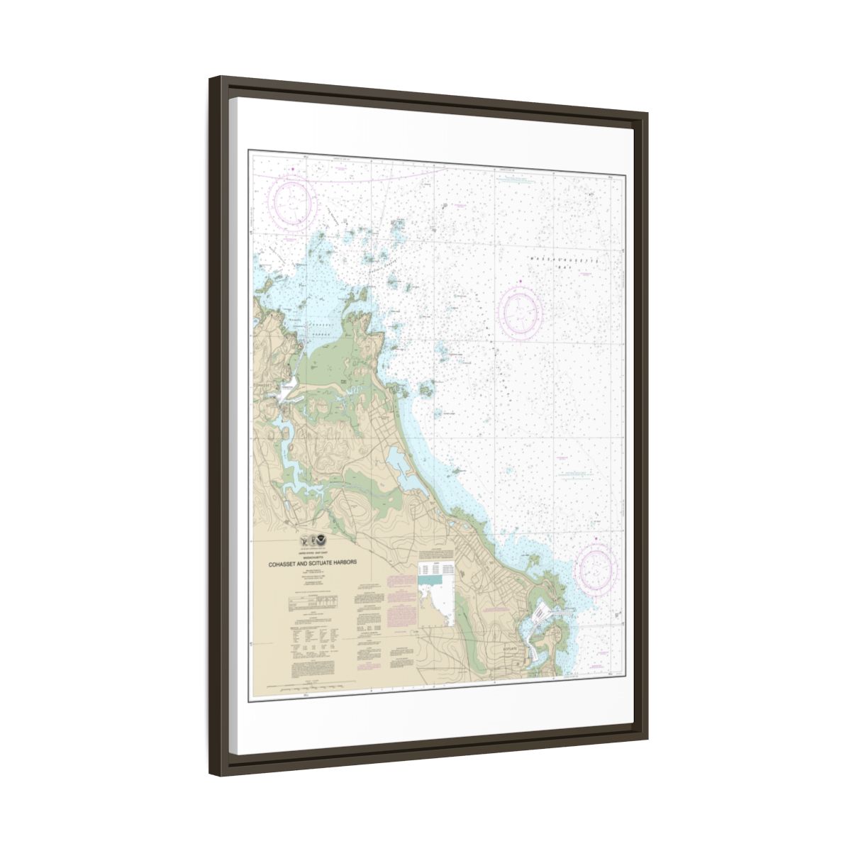 Chart 13269 Cohasset and Scituate Harbors - NOAA Nautical Chart Floating Frame Canvas | 24" x 32" | 30" x 40" - Espresso side