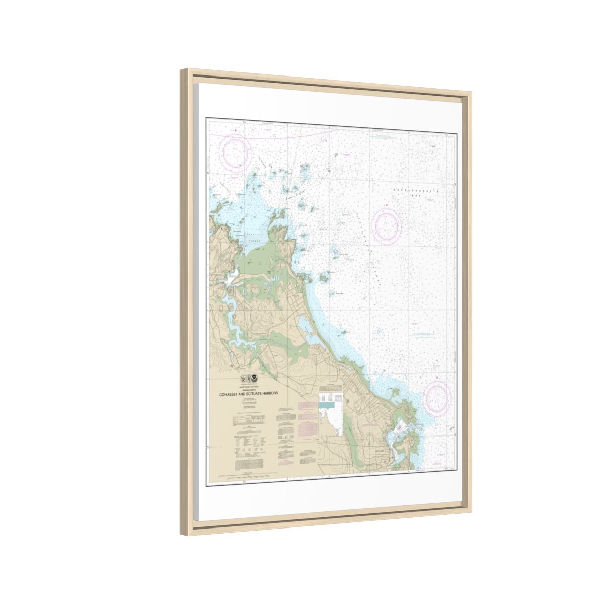 Chart 13269 Cohasset and Scituate Harbors - NOAA Nautical Chart Floating Frame Canvas | 24" x 32" | 30" x 40" - Natural side