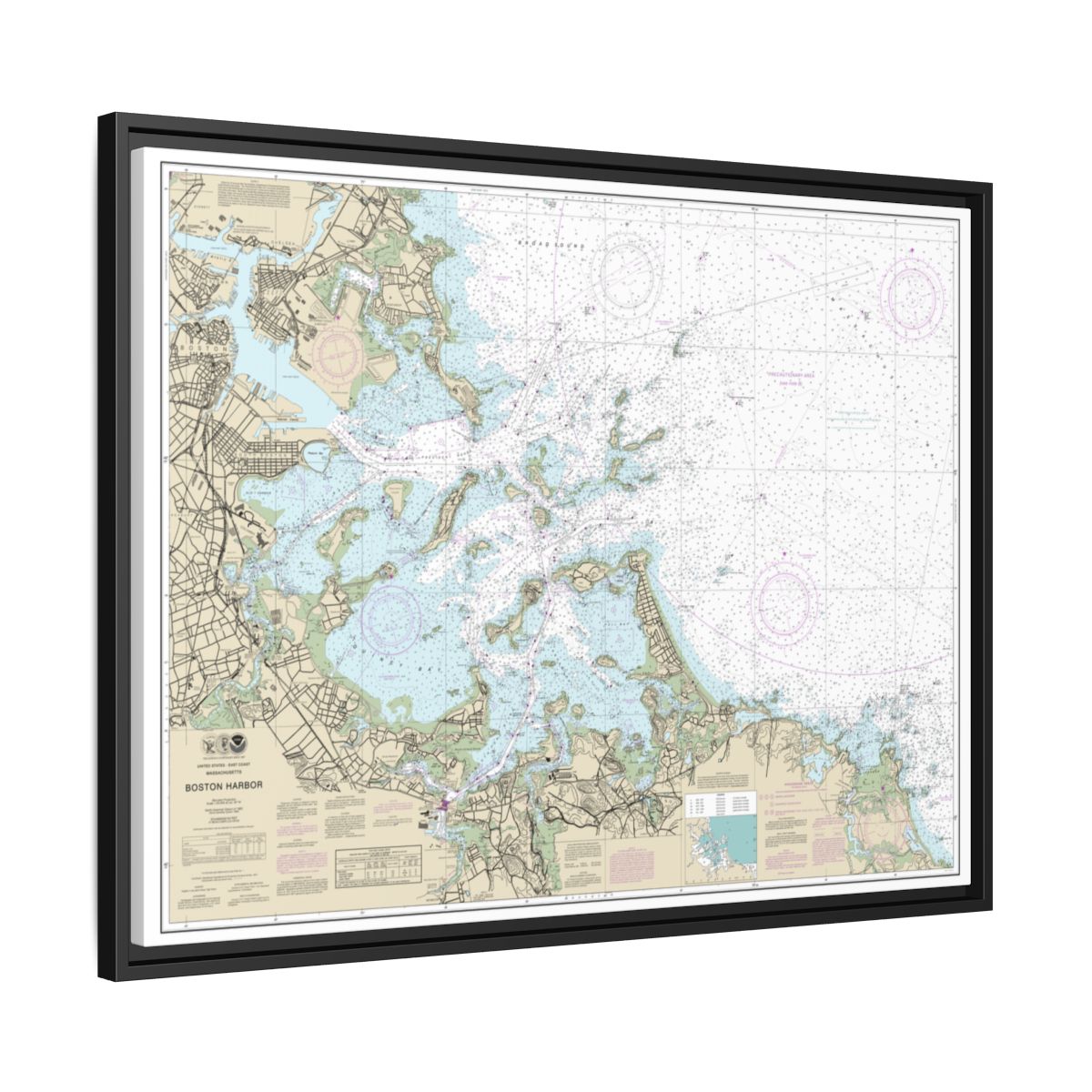 Chart 13270 Boston Harbor - NOAA Nautical Chart Floating Frame Canvas | 32" x 24" | 40" x 30" - Black side