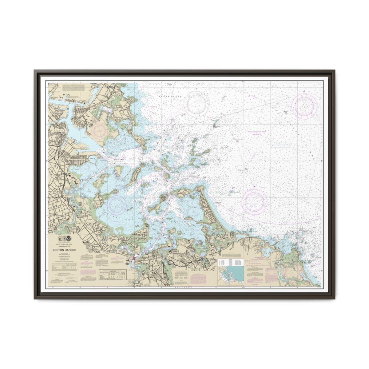 Chart 13270 Boston Harbor - NOAA Nautical Chart Floating Frame Canvas | 32" x 24" | 40" x 30" - Espresso front