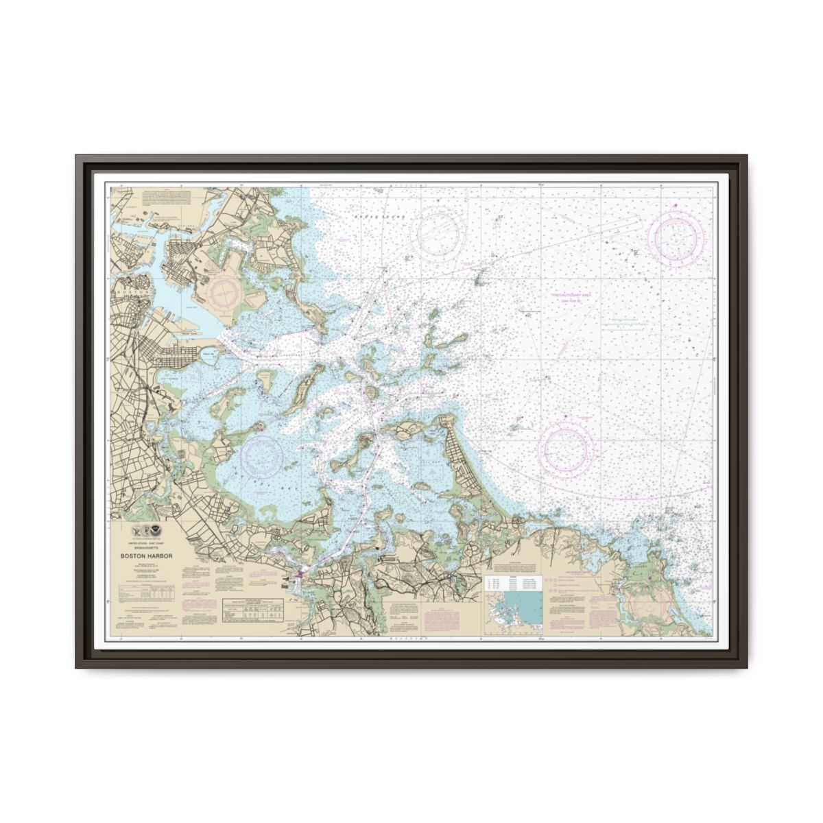 Chart 13270 Boston Harbor - NOAA Nautical Chart Floating Frame Canvas | 32" x 24" | 40" x 30" - Espresso front