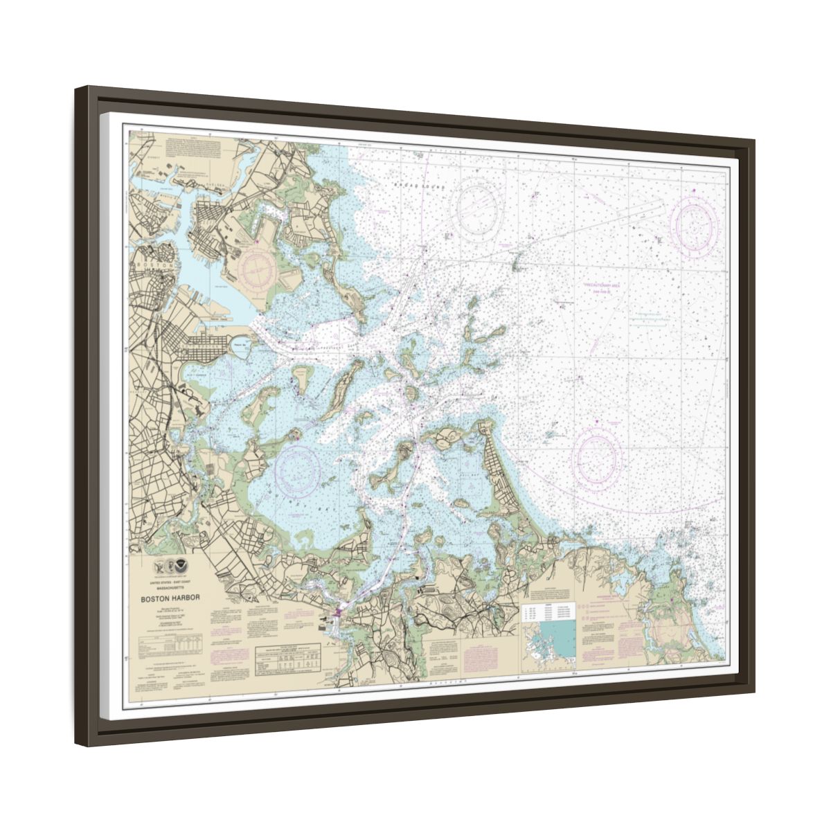 Chart 13270 Boston Harbor - NOAA Nautical Chart Floating Frame Canvas | 32" x 24" | 40" x 30" - Espresso side