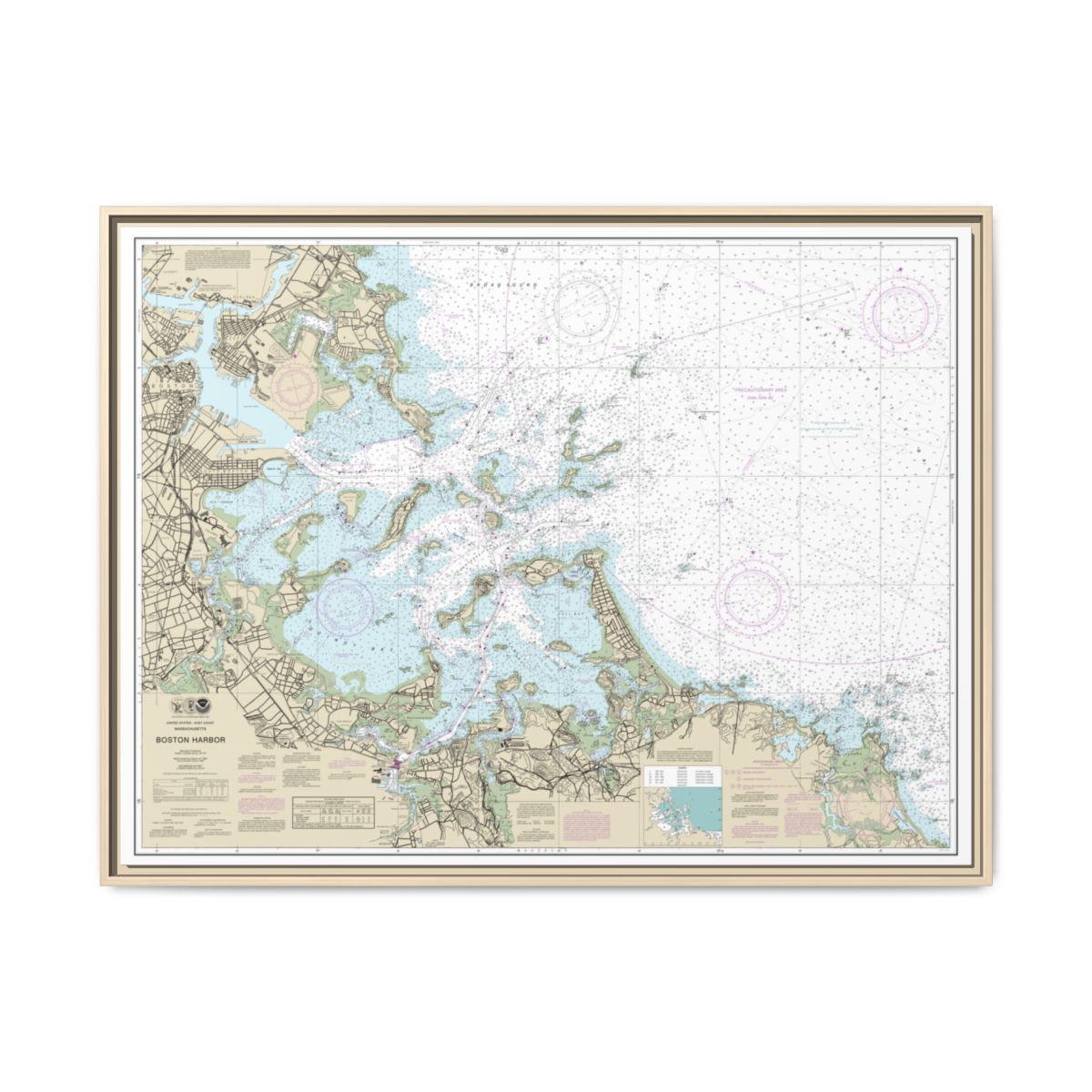 Chart 13270 Boston Harbor - NOAA Nautical Chart Floating Frame Canvas | 32" x 24" | 40" x 30" - Natural front
