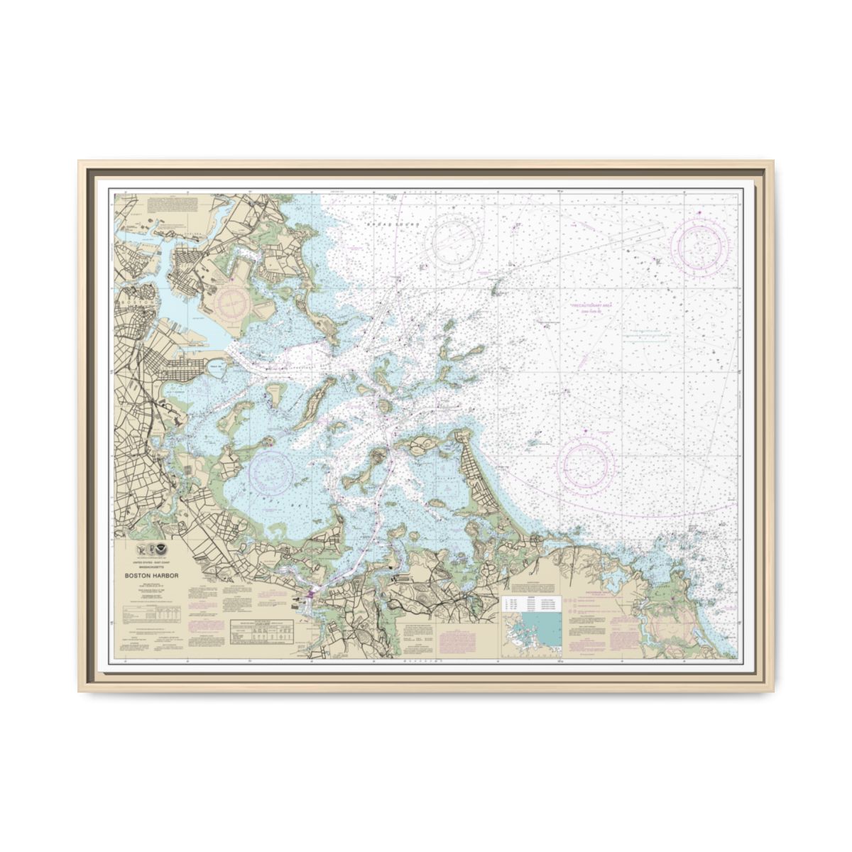 Chart 13270 Boston Harbor - NOAA Nautical Chart Floating Frame Canvas | 32" x 24" | 40" x 30" - Natural front