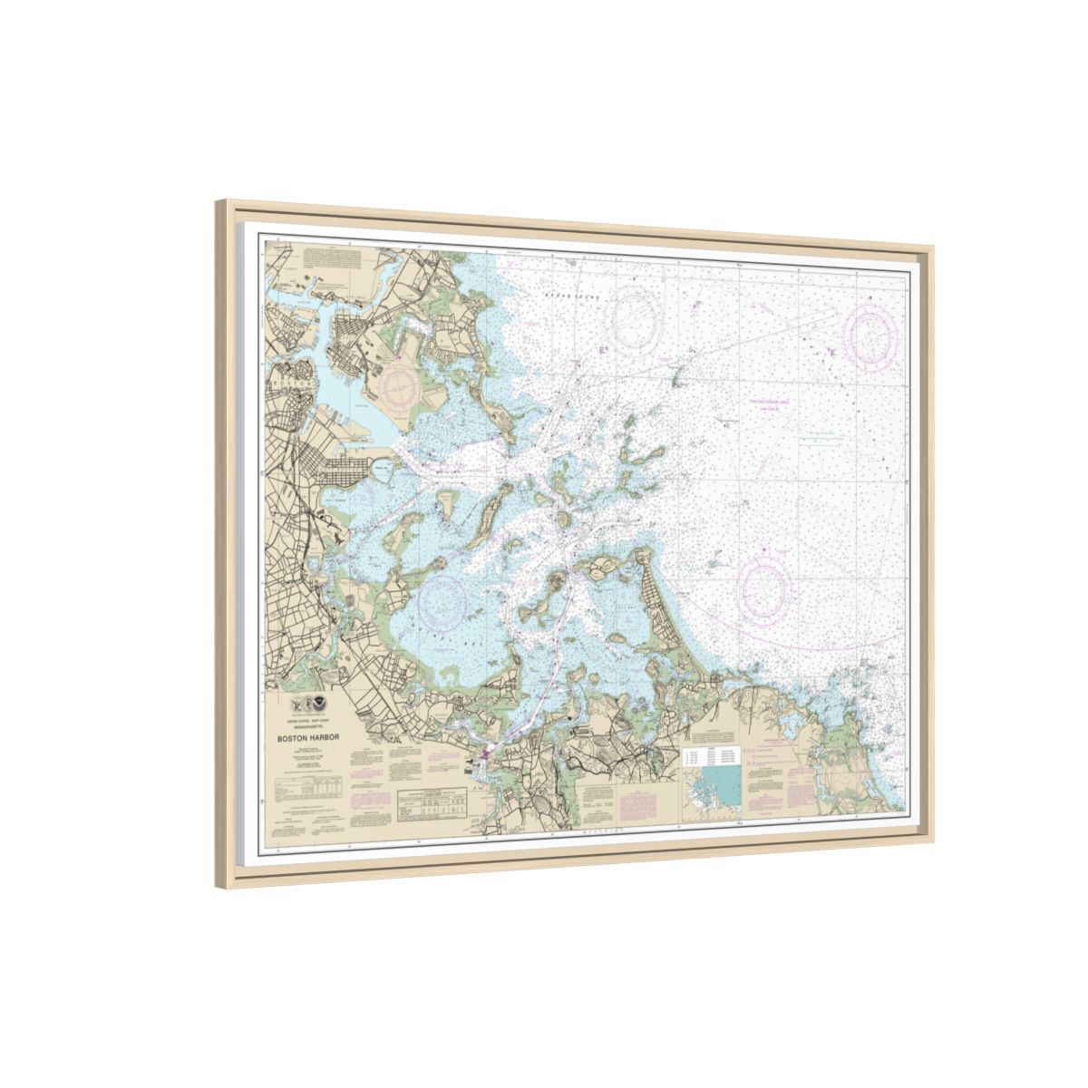 Chart 13270 Boston Harbor - NOAA Nautical Chart Floating Frame Canvas | 32" x 24" | 40" x 30" - Natural side