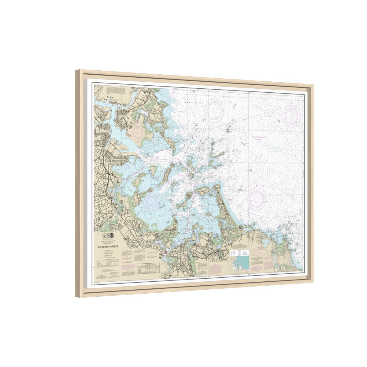 Chart 13270 Boston Harbor - NOAA Nautical Chart Floating Frame Canvas | 32" x 24" | 40" x 30" - Natural side