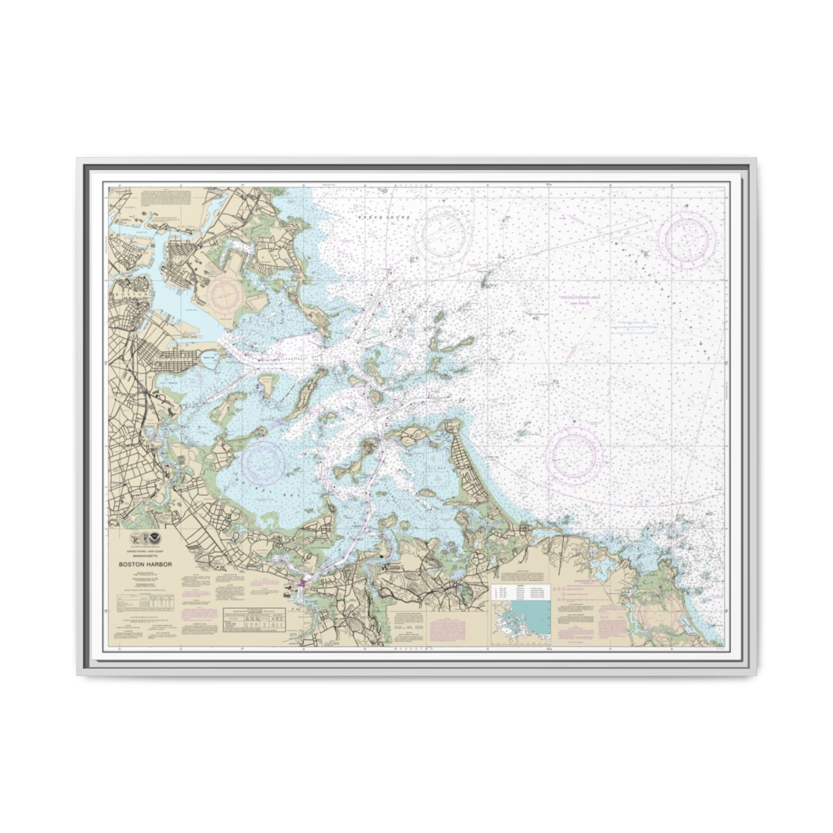 Chart 13270 Boston Harbor - NOAA Nautical Chart Floating Frame Canvas | 32" x 24" | 40" x 30" - White front