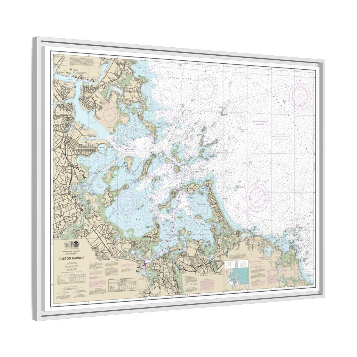 Chart 13270 Boston Harbor - NOAA Nautical Chart Floating Frame Canvas | 32" x 24" | 40" x 30" - White side