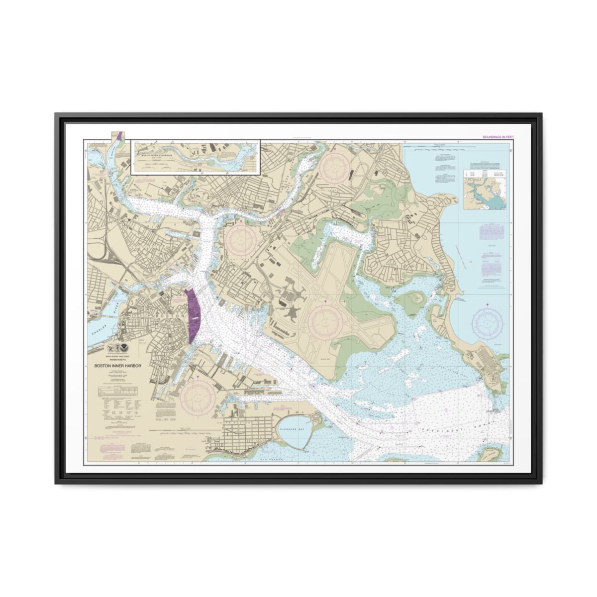 Chart 13272 Boston Inner Harbor - NOAA Nautical Chart Floating Frame Canvas | 32" x 24" | 40" x 30" - Black front
