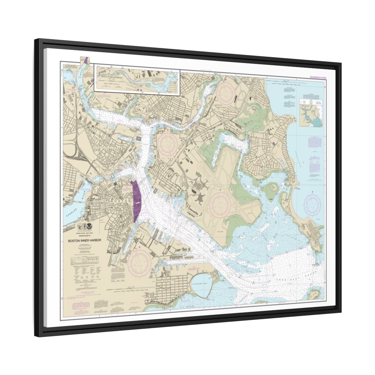 Chart 13272 Boston Inner Harbor - NOAA Nautical Chart Floating Frame Canvas | 32" x 24" | 40" x 30" - Black side