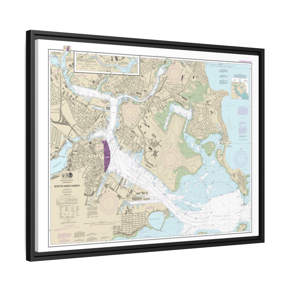 Chart 13272 Boston Inner Harbor - NOAA Nautical Chart Floating Frame Canvas | 32" x 24" | 40" x 30" - Black side