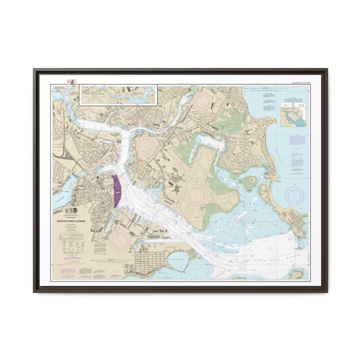 Chart 13272 Boston Inner Harbor - NOAA Nautical Chart Floating Frame Canvas | 32" x 24" | 40" x 30" - Espresso front