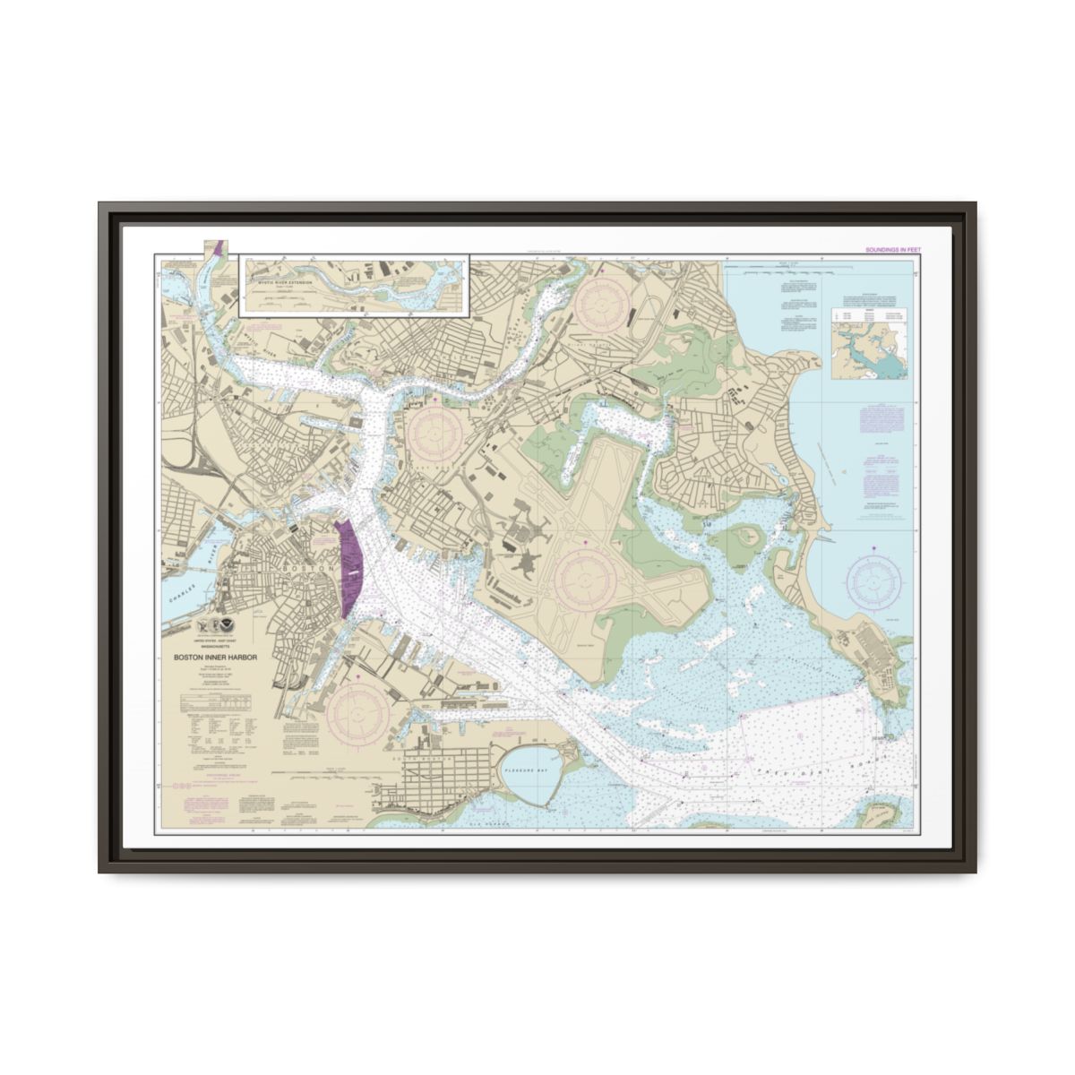Chart 13272 Boston Inner Harbor - NOAA Nautical Chart Floating Frame Canvas | 32" x 24" | 40" x 30" - Espresso front