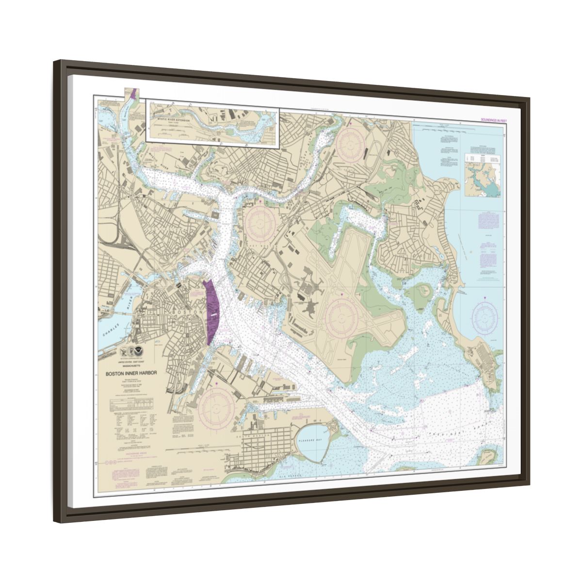 Chart 13272 Boston Inner Harbor - NOAA Nautical Chart Floating Frame Canvas | 32" x 24" | 40" x 30" - Espresso side