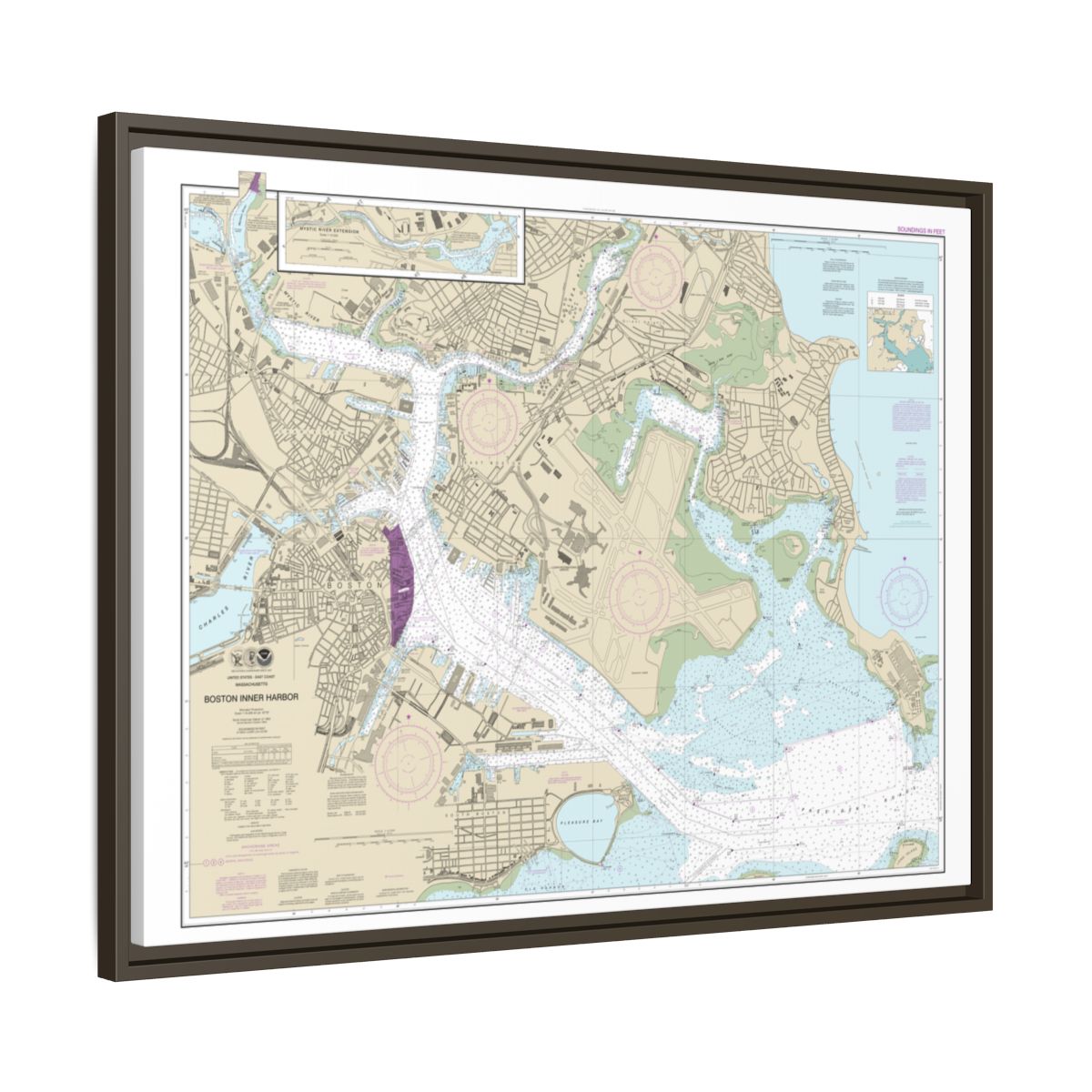Chart 13272 Boston Inner Harbor - NOAA Nautical Chart Floating Frame Canvas | 32" x 24" | 40" x 30" - Espresso side