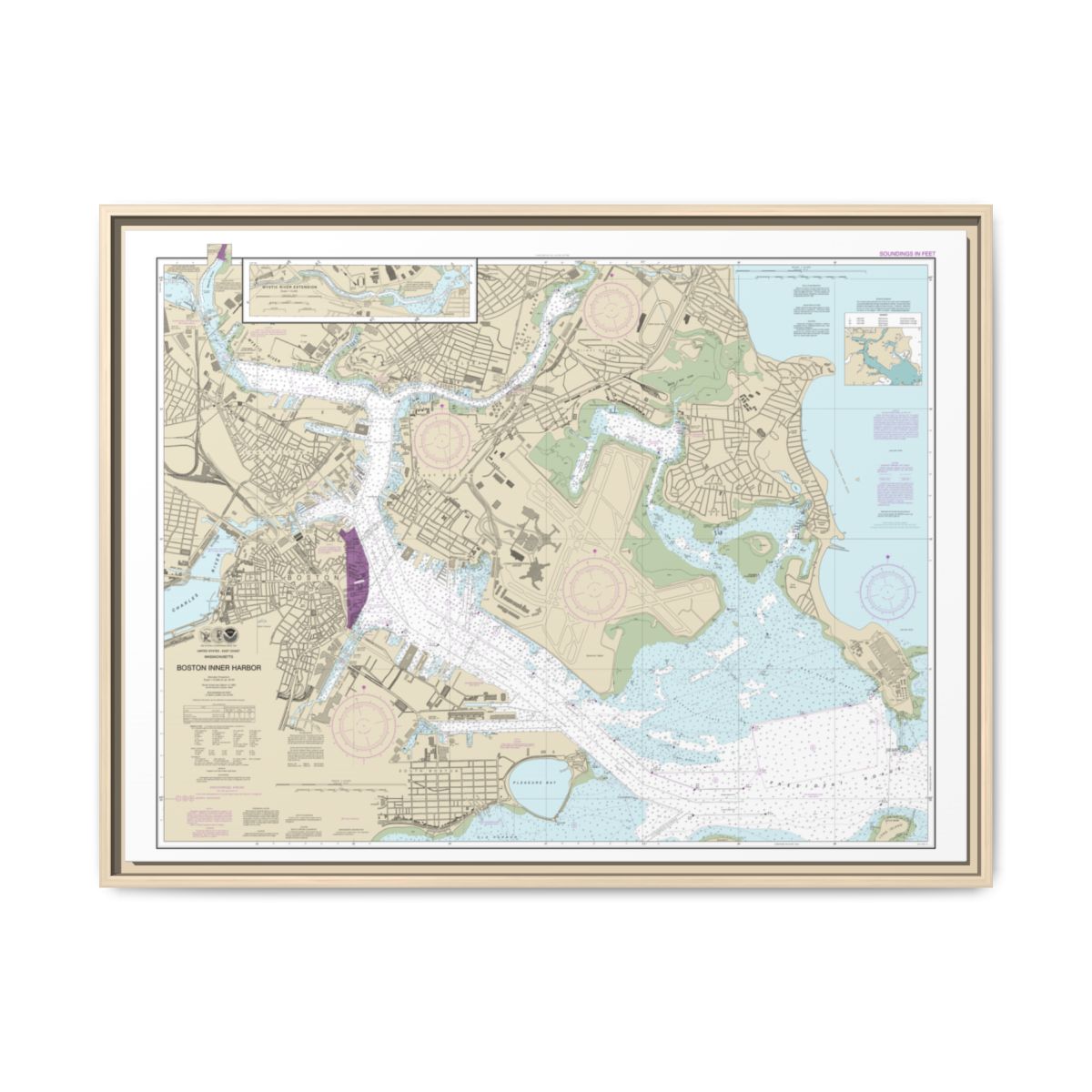 Chart 13272 Boston Inner Harbor - NOAA Nautical Chart Floating Frame Canvas | 32" x 24" | 40" x 30" - Natural front
