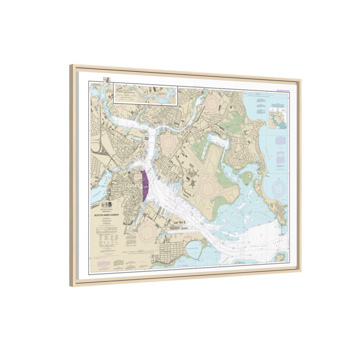 Chart 13272 Boston Inner Harbor - NOAA Nautical Chart Floating Frame Canvas | 32" x 24" | 40" x 30" - Natural side